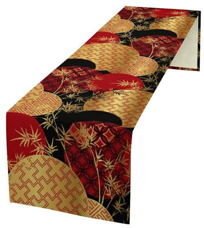 Japanischer Tischläufer, asiatischer chinesischer Luxus, rot/schwarz, goldfarben, Bambusblätter, Tischdecke für Esstisch, Urlaub, Party, Dekoration, orientalische Dekoration, 33 x 228,6 cm