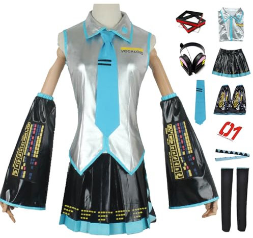 bi bi hou Miku Cosplay Kostüm Set mit Perücke Kopfhörer H'atsune Miku Verkleidung Anime Miku Uniform Lackleder Weihnachten Halloween Karneval Party Bühnenauftritt Kostüm Erwachsene XXS-3XL