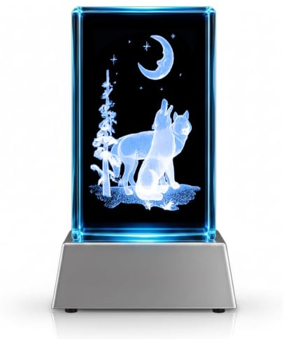 Kaltner Präsente Stimmungslicht - Ein ganz besonderes Geschenk: LED Kerze/Kristall Glasblock / 3D-Laser-Gravur Tiere Wald Wölfe Mondschein/Beleuchtung in Regenbogen Farben