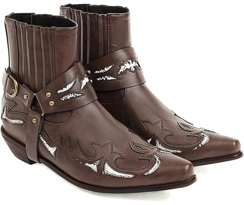 Stivaletti Western da Uomo Stivali con Cinturino con Fibbia Stivali Corti da Cowboy con Punta Quadrata in Pelle retrò Stivali da Motociclista da Cowboy,Marrone,42