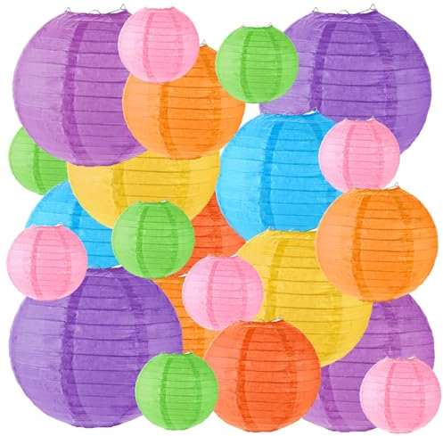 LOPYXBR 28 Stück Lampions Bunt, 10/15/20/25cm Bunte Papierlaternen Lampions, Papier Laterne, Runde Papierlaternen, 8 Farben Papierlaterne für Außendekoration, Geburtstag, Hochzeit und Party