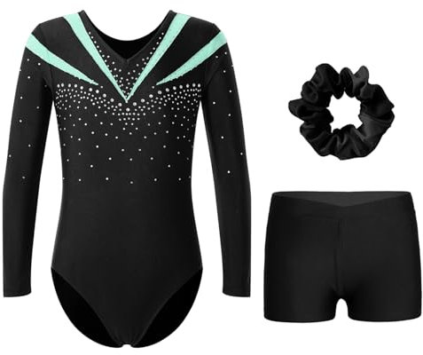 Jowowha Turnanzug Mädchen Langarm mit kurzer Hose Haarband Glitzer Strass Gymnastikanzug Ballett Trikot Leotard Gymnastik Kleidung Hell Grün 146-152