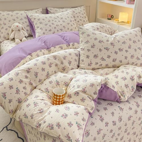 Covebett Juego de ropa de cama de 135 x 200 cm, diseño de flores, color lila y blanco, diseño botánico de flores, de microfibra lavada, funda nórdica con cremallera y funda de almohada de 80 x 80 cm