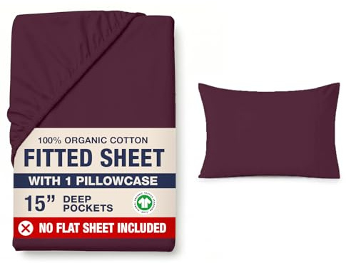 LANE LINEN Small Double 4 Ft. Size Fitted Sheet – 100% Organic Cotton, 4ft with 2 Pillow Covers, 35cm Deep Pocket, All-Round Elastic Bottom Sheet - Windsor Wine