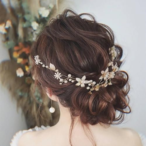 Axvxby Braut Haarschmuck, Braut Haarbänder, Hochzeit Haarschmuck für die Braut, Kristall Perlen Blumen, Brautschmuck Gold,Haarspange Hochzeit (Gold)