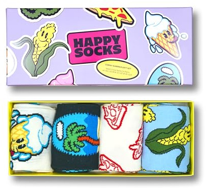 Happy Socks 4er-Pack nachhaltige Crew-Socken – Mais-, Eiscreme-, Pizza-Design – Set für Damen und Herren, Größe 41–46