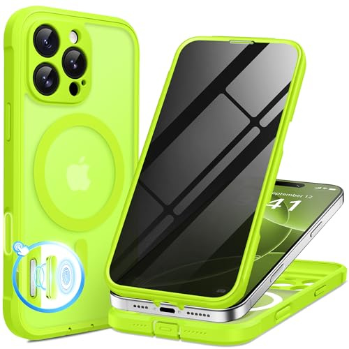 BERFY for iPhone 16 Pro Case, Compatible with MagSafe,Bright Green | Built-in Privacy Screen Protector, Full Camera Protection, Shockproof Full Body Magnetic Clear Phone Case 6.3