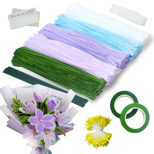 Ezitruz 500 Stk Pfeifenreiniger zum Basteln 5 Farben Pfeifenputzer Blumen | Pipe Cleaner, Grün/Weiß/Violet/Blau, mit Schleifenband, Klebeband, Staubblätter, Blumendraht, Blumenpapier, für DIY Blumen
