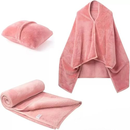Dasellfa Reisedecke Decken Reisekisen, Camping Auto Flugzeug Gadgets Decke, Srandkissen, $chulterwaRmer, Poncho Mit KnoPfen Kissen Decke 3In 1.FüR Frauen, Manner Und Kinder (pink)