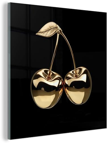 MuchoWow© Bild auf Glas Schlafzimmer Bilder Badezimmer Wand Deko Wohnzimmer | 50x50 cm - Modern Wanddeko Bilderwand Geschenk Kirschen - Schwarz - Gold - Chrom