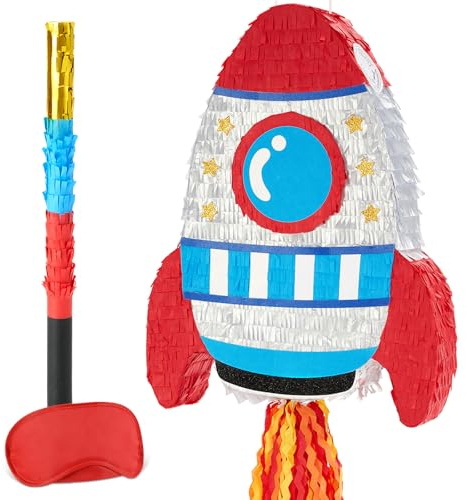 WERNNSAI Raketen Pinata – Raketen Pinata Geburtstag Junge Kinder Raumschiff Piñata mit Stock Augenmaske Quaste Weltraumabenteuer Geburtstagsparty Deko Galaxie Jubiläumsfeier Astronauten Piñata