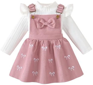 UUAISSO Vêtements pour Bébés Filles Manches Longues Tricot Côtelé Haut Nœud Papillon Velours Côtelé Jupe à Bretelles Tenues Rose 12-18 mois