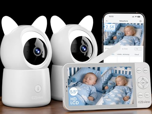CZEview Babyphone mit 2 Kameras 2.5K & 5.5-Zoll-HD-Großbildschirm, Nachtsicht, 360° WLAN Video Babyfon mit App, Musik & Buntes Nachtlicht, Intelligente Erkennun