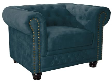 Riess Ambiente Barocker Sessel Chesterfield - Petrol - Sessel aus Samt, Federkern goldene Nieten mit Knopfheftung