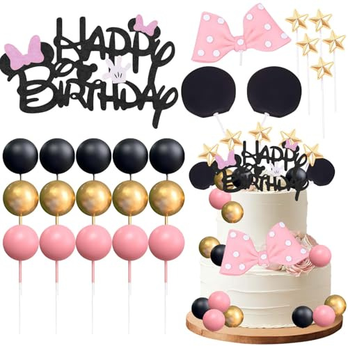 Cartoon Tortendeko Mädchen, Rosa Mouse Kuchen Topper Deko, Rosa Bogen Ohren Mini-Ball Cake Topper Set, Happy Birthday Topper für Geburtstag Party Kuchen Dekoration Supplies