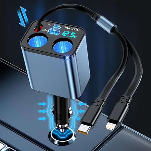 80W Car Charger 2 Sockets Cigarette Lighter Splitter, USB C Retractable Car Charger with 2.7Ft Retractable Cables(Lighning+Type-C) & QC3.0 & 20W PD Type C for iPhone/Samsung/Huawei/Xiao-mi/iPad/Google