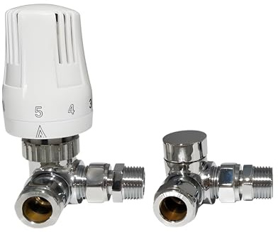 HULTHOR 15mm Corner TRV and Lockshield Radiator Valve Set, Angled Thermostatic Radiator Valves with Lockshield, Liquid Filled Head, Bi-Directional Flow, Olives and Compression Nuts Included, Chrome