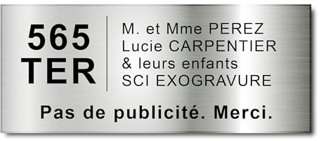 Plaque Boîte aux Lettres Personnalisable Adresse et Numéro de Rue - 12x5 cm - 4 Lignes - Nom sur Etiquette Gravée pour Maison Bureau Famille - PVC Résistant Adhésif - Alu Brossé
