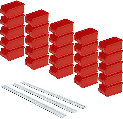 BRB Set - 25x Sichtstapelkästen Profi LB5, rot, Inhalt 0,85 Liter, LxBxH 175x100x75 mm inkl. 3 verz. Wand-Aufhängeschienen