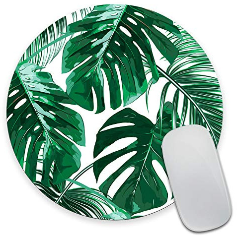Wasach Tropical Leaf Mousepad - Mat - Beautiful Design - Leaves Green with White Background - Round Mouse pad
