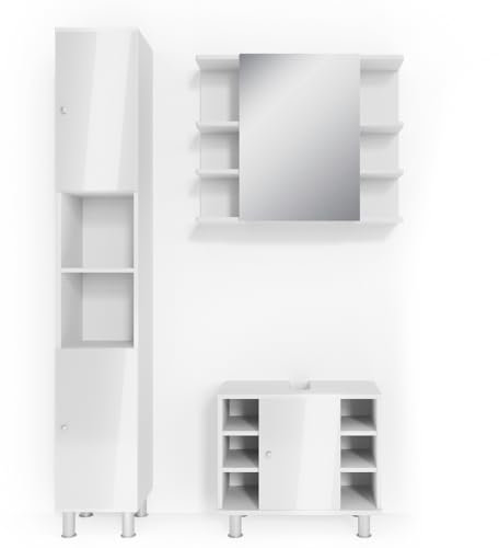 Vicco Badmöbel-Set Weiß Hochglanz Fynn, bestehend aus Bad Spiegelschrank, Waschbeckenunterschrank, Hochschrank - mit Fächern für Flexible Aufbewahrung