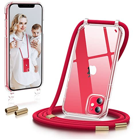 GOODVISH Handykette kompatibel mit Apple iPhone 11 6,1 Display, Necklace Hülle mit Band Handyhülle für zum Umhängen,Transparent Case mit Schnur Schutzhülle iPhone 11 mit Kordel, Rot