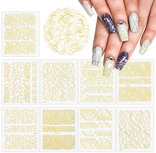 EBANKU Gold Nail Stickers, 9 Sheets 3D Gold Self Adhesive Nail Art Sticker Lines Nail Striping Tape with Metallic Lines Chains Stars Wave for DIY Nail Decals Manicure Design