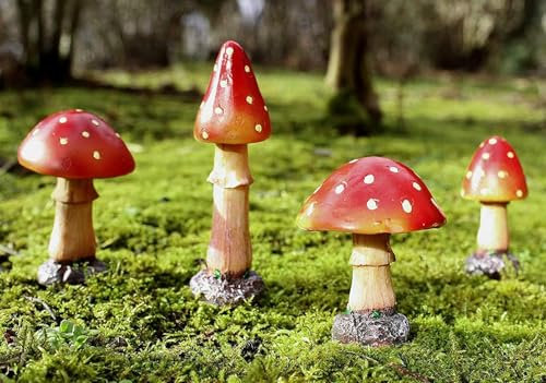 Garden Mile 4pc Red Toadstool Mushroom Garden Ornaments Outdoor indoor Fairy Garden Accessories Decor Outdoor Miniatures Patio Flowerbed Decking Rockery Decorative Figurines