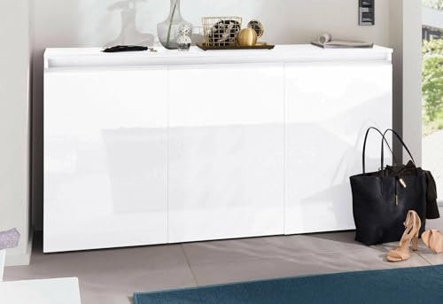 Dmora - Kommode Pino, 3-türiges Küchen-Sideboard, Wohnzimmer-Buffet, 100 % Made in Italy, 150 x 40 x 81 cm, glänzendes Weiß,