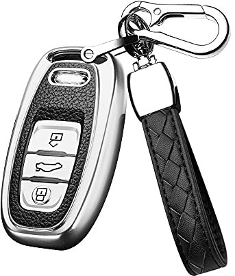 HIBEYO Smart Autoschlüssel Hülle passt für Audi PKW Schlüsselhülle für Kein Zündschloss Keyless Autos A4 A5 A6 A7 Q5 Q7 Q8 S5 S6 RS SQ Schlüsselbox Fernbedienung TPU Leder Texture Schutzhülle-Silber
