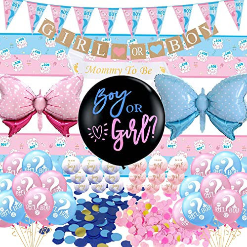 Gender Reveal Party Deko Set Boy or Girl Tischdecke Geschlecht Offenbaren Ballon mit Konfetti Luftballons Set Rosa Blau Schleife Folienballons Wimpelkette Mädchen oder Junge Babyparty Dekoration