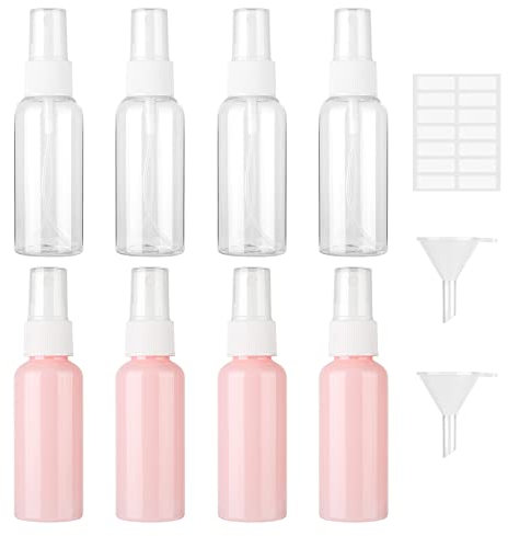Ysimple 8 Piezas Transparente Botellas Aerosol Vacío Plástico 50ml,Botellas Aerosol Vacío Plástico con 2 Embudos y 1 Etiquetas,para Perfumes y Cosméticos(4 Transparentes+4 Rosas)