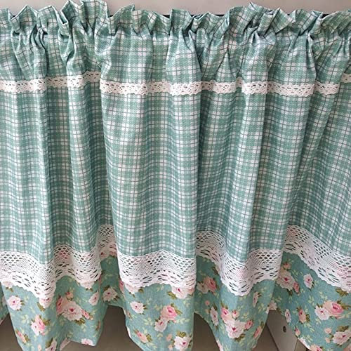USbelff Türkisgrün Karierte Küchengardine, Bistrogardine Baumwolle Kurz Vorhang Landhaus Scheibengardine Spitze Kurz Kleine Fenster, 1 Stück H/B: 40 x 150 cm