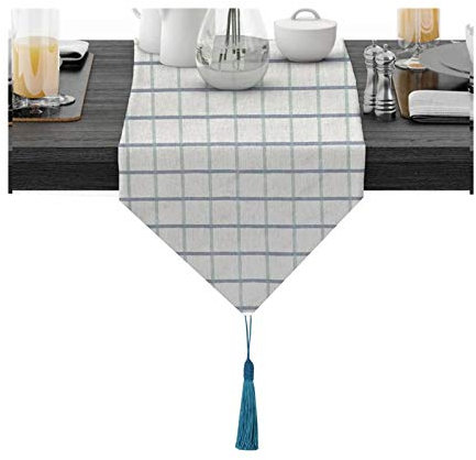 EHOMERY Tischdecke Nordic Style, Tischband Breit Blau grau Gitter Tischläufer Cotton 30x200CM
