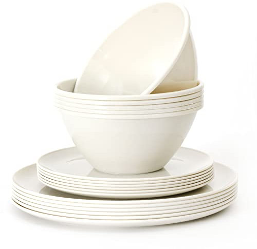 Youngever 18 Piezas Juego de Vajilla de Plástico, Plato Grande de Plástico (20CM y 25CM), Tazón Grande de Plástico (1000ML) (Cream)