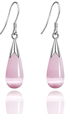 Natural White Opal Earrings in Sterling Silver,925 Sterling Silver Earrings for Women,Long Dangle Drop Earrings for Women Teen Girls (pink)