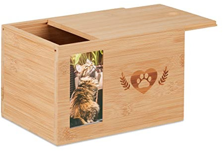 Relaxdays Tierurne Bambus, Haustier Urne für Hunde & Katzen, mit Foto, Hundeurne, HxBxT: 14,5 x 19,5 x 14,5 cm, Natur
