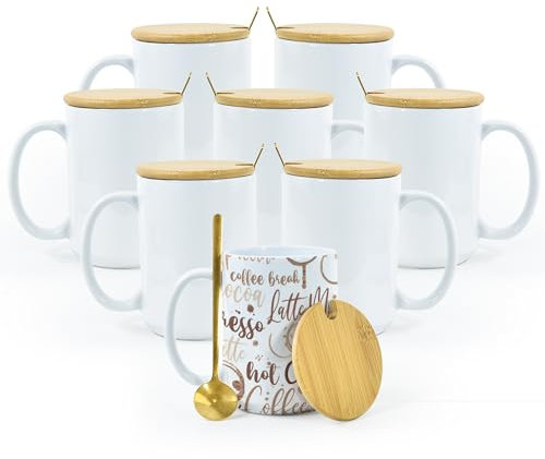AGH 8pcs Sublimation Mugs 15 oz Blank Bulk, 15oz Sublimation Coffee Mug, White Ceramic Plain Mug Cups for Sublimation with Bamboo Lids & Stainless Steel Spoon for Coffee, Soup, Tea, Milk, Latte