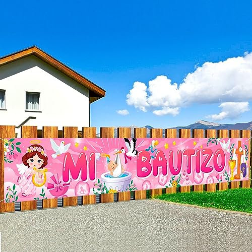 DPKOW Rosa Mi Bautizo Pancarta Decoraciones Bautismo Pancarta de Fondo de Tela Larga para la Decoración de Fiesta de Bautizo de Bebé Niña Decoración de Fiesta Cumpleaños Bienvenida Comunión, 270*40 cm