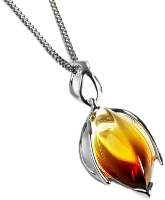 HENRYKA Sunset Amber Necklace Pendant | 925 Solid Sterling Silver & Cognac Baltic Amber | Gift for Her | 45 cm chain | Hypoallergenic Jewellery