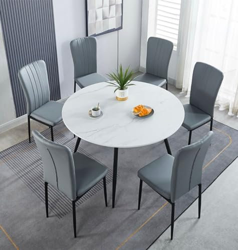 Hallowood Furniture Cullompton Large Round Dining Table and Chairs Set 6, White Marble Effect Kitchen Table and Chairs Upholstered in Grey Faux Leather, Dining Room Sets for Home and Cafe