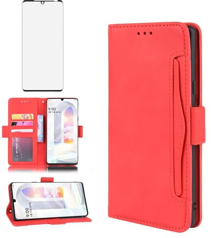 Asuwish Handyhülle für LG Velvet 5G/4G Hülle mit Glas Folie Schutzfolie Kartenfach Klappbar Leder Geldbörse Ständer Handyhüllen LMG910EMW LM-G910EMW Handy Hüllen Schutzhülle Cover Phone Case Rot