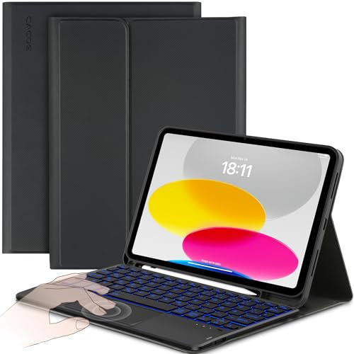 CACOE Hülle mit Tastatur für iPad 11 (A16) / 10 Generation (11Zoll / 10.9 Zoll) 2025/2022 mit Touchpad, 7-Farbige Beleuchtung Abnehmbare Kabellose Tastatur, Schwarz