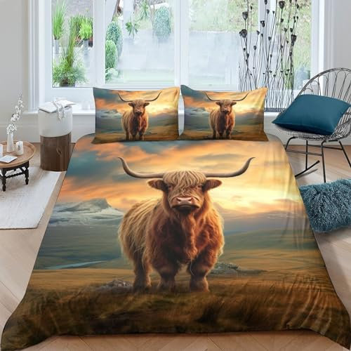 HOTGE Yak Bettwäsche Double（200x200cm） 3D Motiv Wildtiere Bettbezug Set Blätter Kinder Microfaser Bettbezüge Und Kissenbezüge Mit Reißverschluss