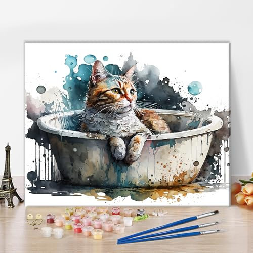 TISHIRON Badewanne Tier DIY Malen nach Zahlen Katze in der Badewanne liegend Malen nach Zahlen für Erwachsene Anfänger Kinder Haustier Malen nach Zahlen auf Leinwand Abstrakt Öl Geschenk 16 x20