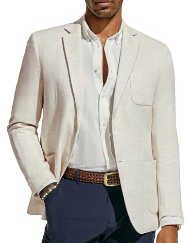 PJ PAUL JONES Men's Sport Coats & Blazers Cotton Linen Herringbone Casual Jacket Regular Fit Two Buttons Business Suit Jackets Beige