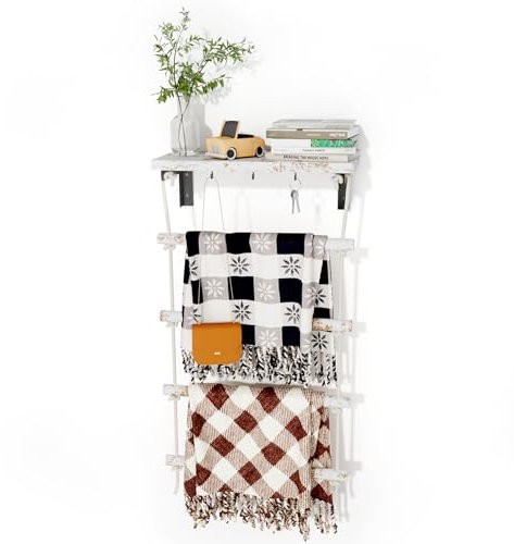 Delywh 5 Tier Wall Blanket Ladder Floating Shelves, Rustic Rope Wooden Storage Rack for Living Room, Bathroom, Bedroom, Farmhouse Wall Holder, White