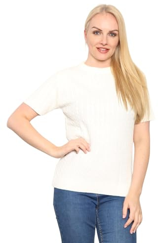 STAR FASHION Cable Knit Jumper for Women's Short Sleeve Round Neck All Over Cable Knitted Sweater Ladies Pullover Soft Lightweight Casual Smart Knitwear UK Size 8-22