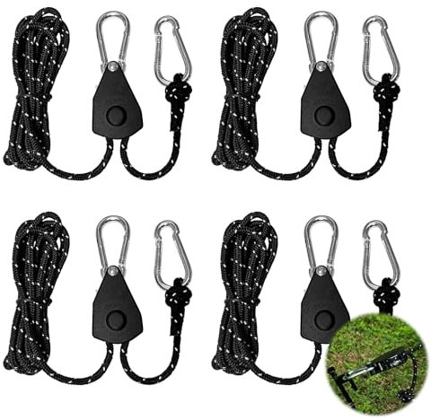 4 Stück Ratchet Hanger, 1/8 Zoll Einstellbare Seil Seilhaken Ratsche Seilratsche 2M, Seilzug mit Ratsche für Pflanzenventilator Licht Zimmerpflanzen