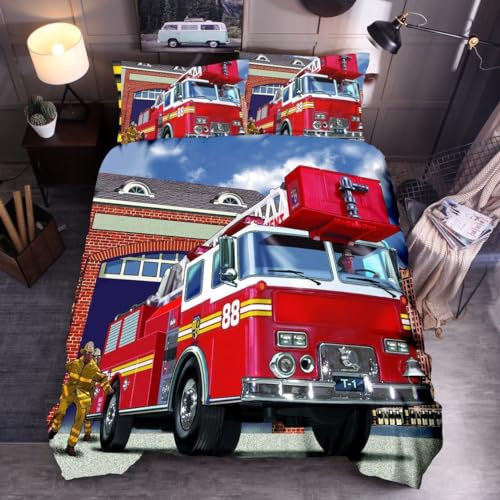 ZZTBQ - Kinderbettwäsche 100x135 - Baby Bettwäsche - 3D Feuerwehrauto Karikatur Auto Fahrzeug - Bettbezug und Kissenbezug-Set – Baby Bettwäsche Set für Kleinkinder und Babybetten